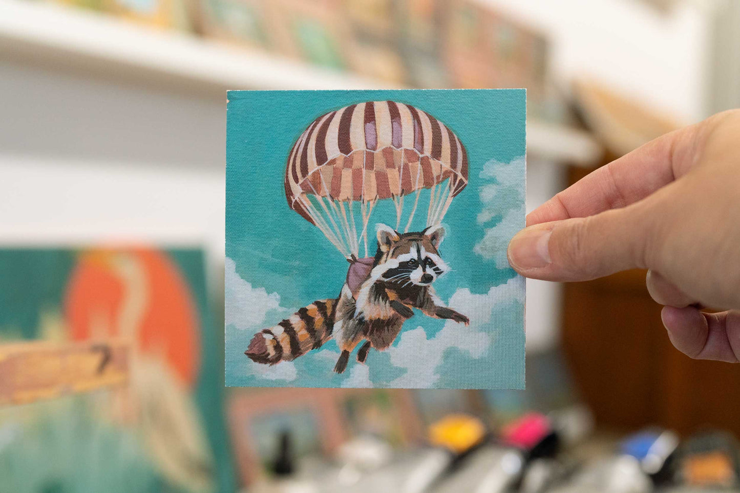 Pocket Art, Fine Art Print auf Büttenpapier im Rahmen, 10 x 10 cm, Fallschirmspringer
