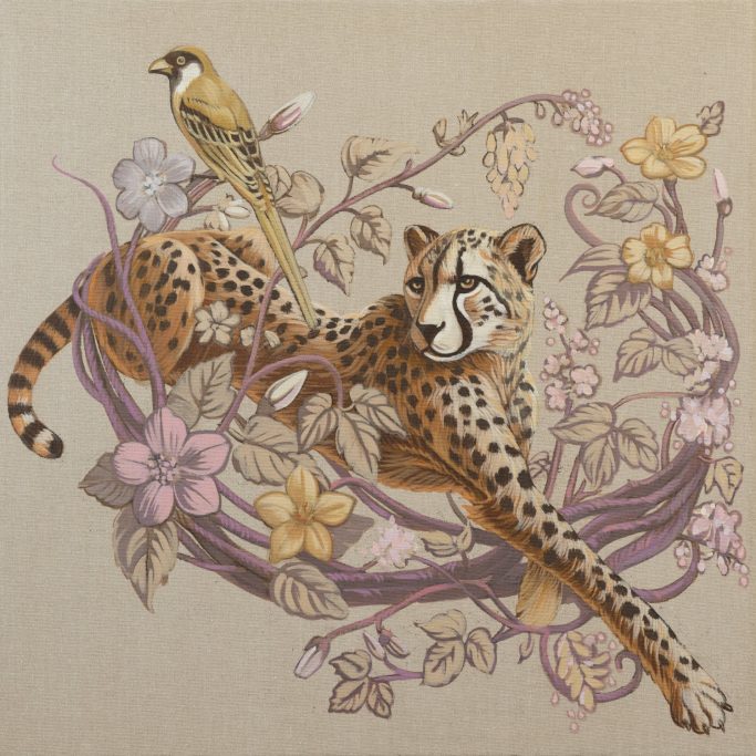 Gepard mit Vogel Gepard mit exotischen Vogel und Blumenranken.