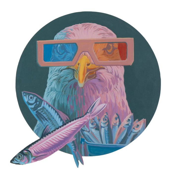 I have bigger fish to fry. Eine Möwe mit 3D Brille und vor ihr fliegenden Heringen