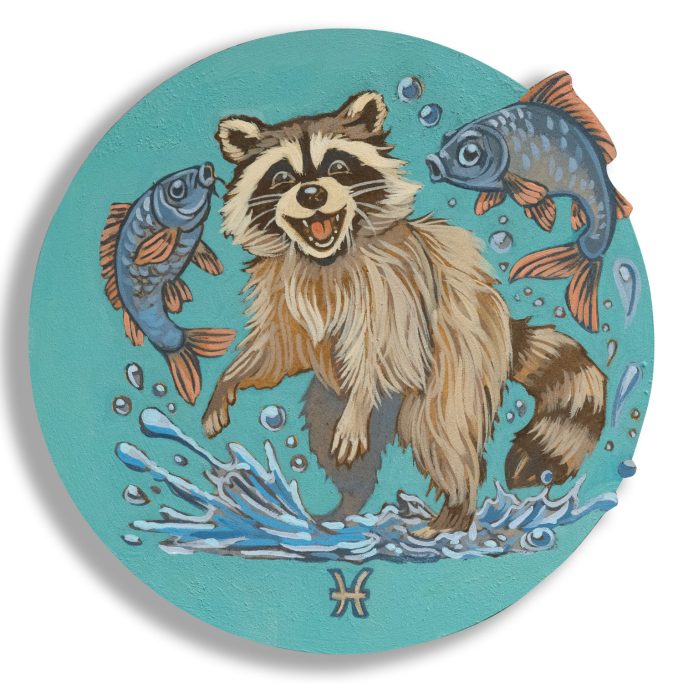 Sternzeichen Fische Waschbär tanzt mit zwei Fische.
