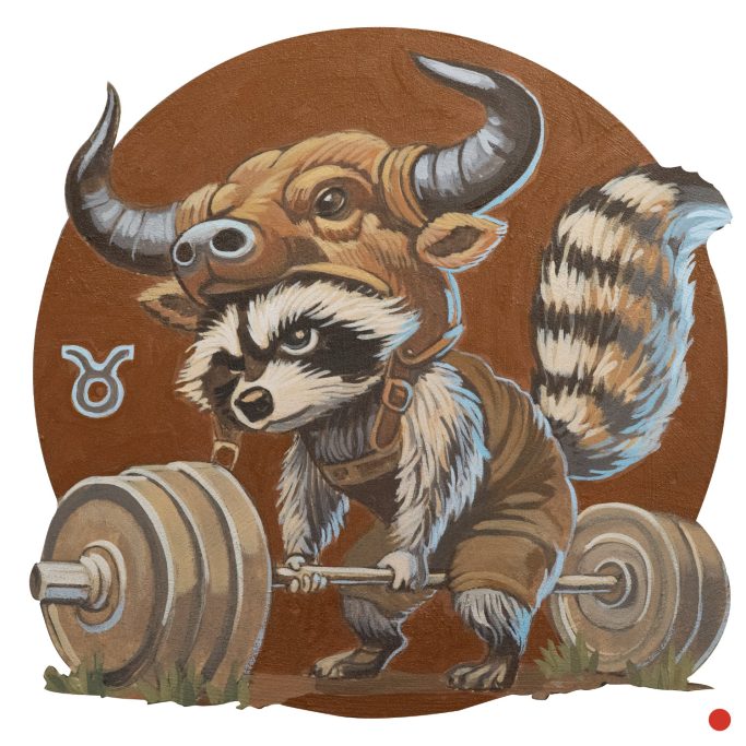 Sternzeichen Stier Ein Waschbär mit Stierhelm hebt Gewichte.