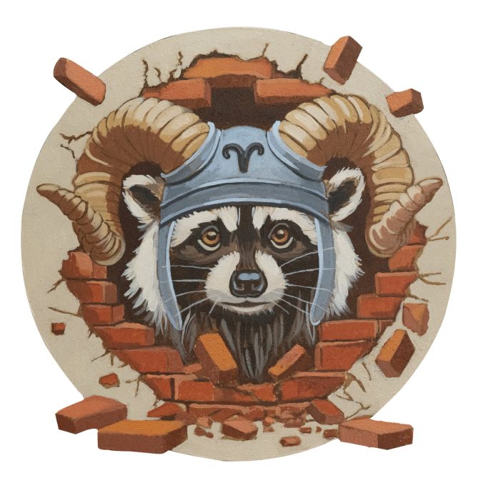 Sternzeichen Widder Waschbär mit Widderhelm durch die Wand.