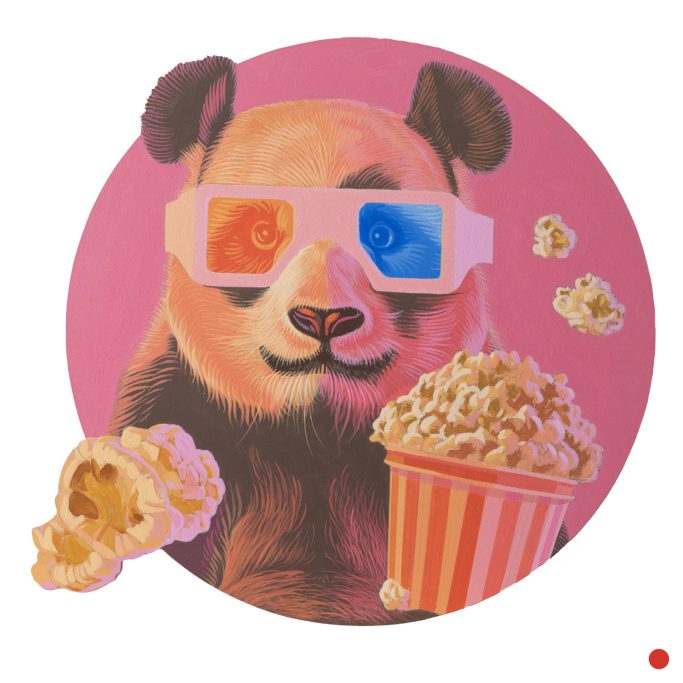Popcorn Panda Ein Panda mit 3d Brille und Popcorn.
