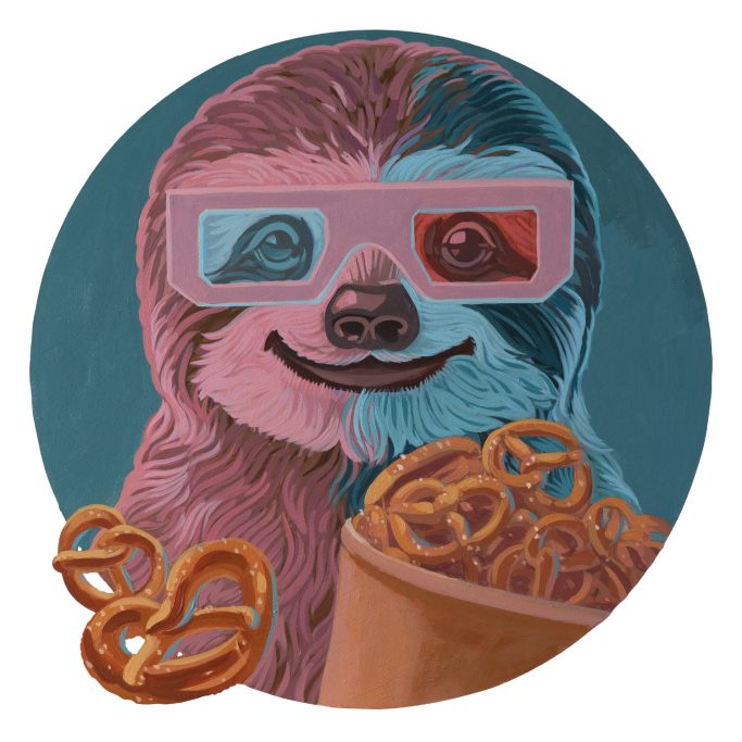 Auf brezelt is. Faultier mit 3d Brille und Brezelsnack.
