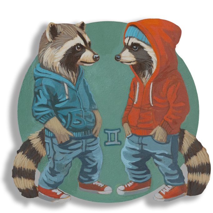 Sternzeichen Zwillinge Zwillingswaschbären mit Hoodie und Jeans.