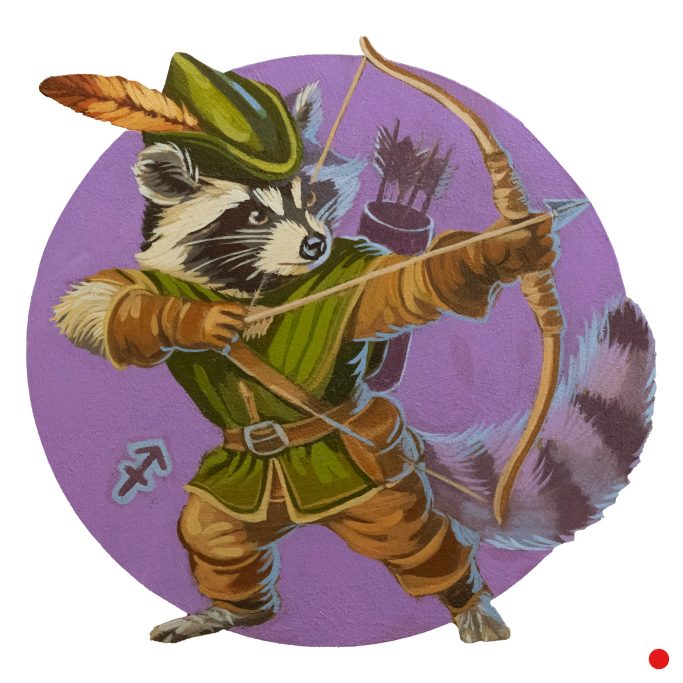 Sternzeichen Schütze Waschbär im Schütze-Outfit