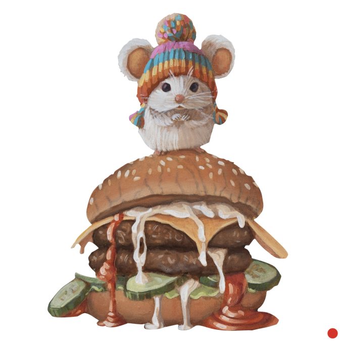 Burgermaus Eine Maus mit Wollmütze auf einem Burger.